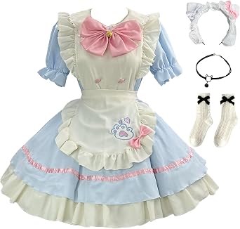 Halloween Women Cute Cat Maid Outfit Anime Cosplay Lolita Dress Sweet Bow Ruffle Puff Sleeve Japanese Maid Dress