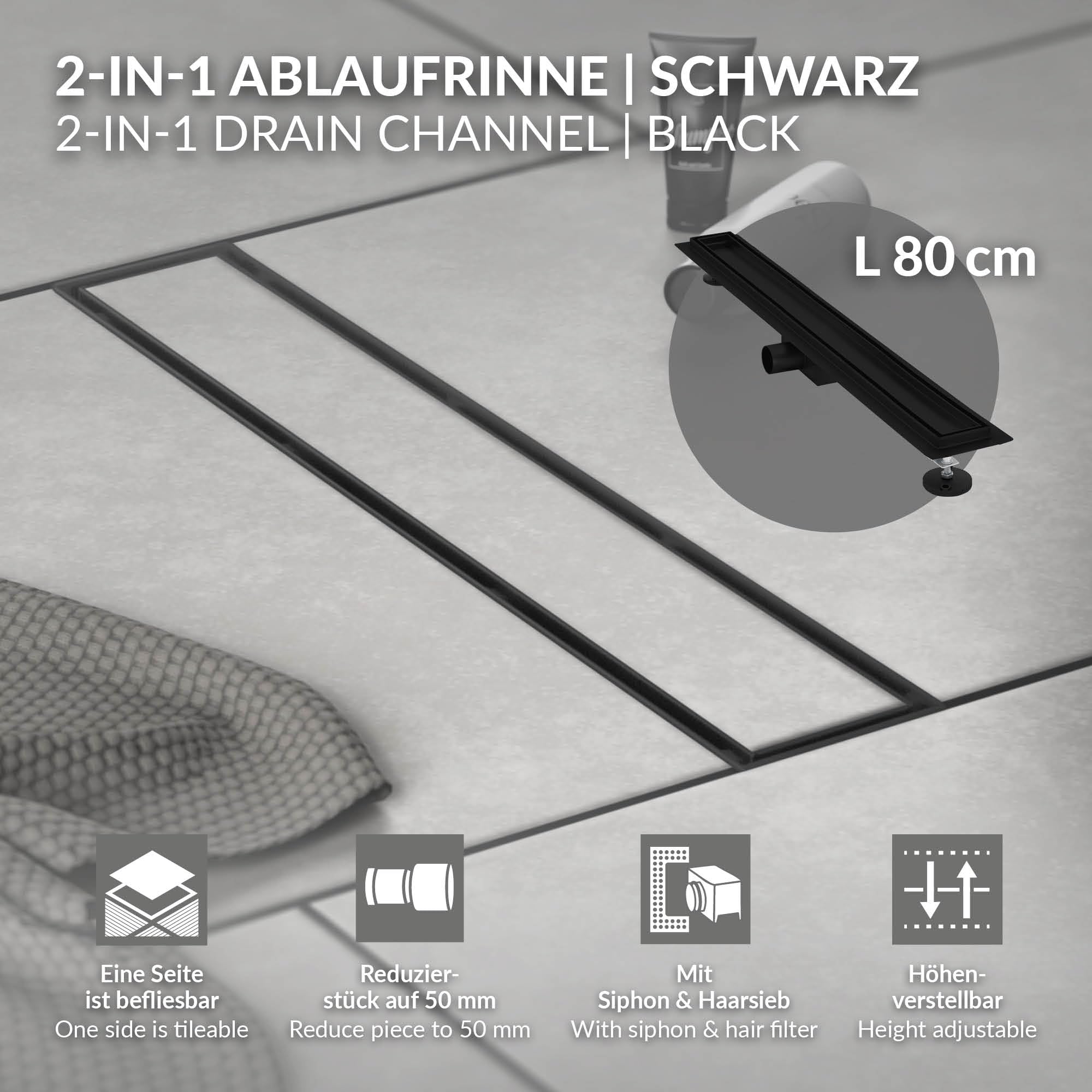 LuxeBath odplyw liniowy 80 cm 2w1, do montazu w plytkach, bardzo plaski, stal nierdzewna, czarny, dwustronny odplyw podlogowy, kompletny zestaw do montazu w podlodze, odplyw liniowy, syfon z blokada