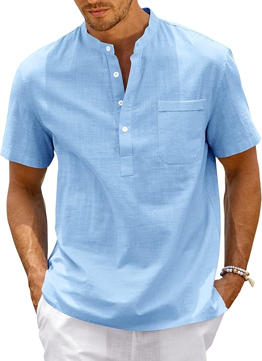 Enjoybuy Men's Linen Henley Shirts Summer Beach Short Sleeve Loose Fit T Shirt Button Up Lightweight Casual Tops