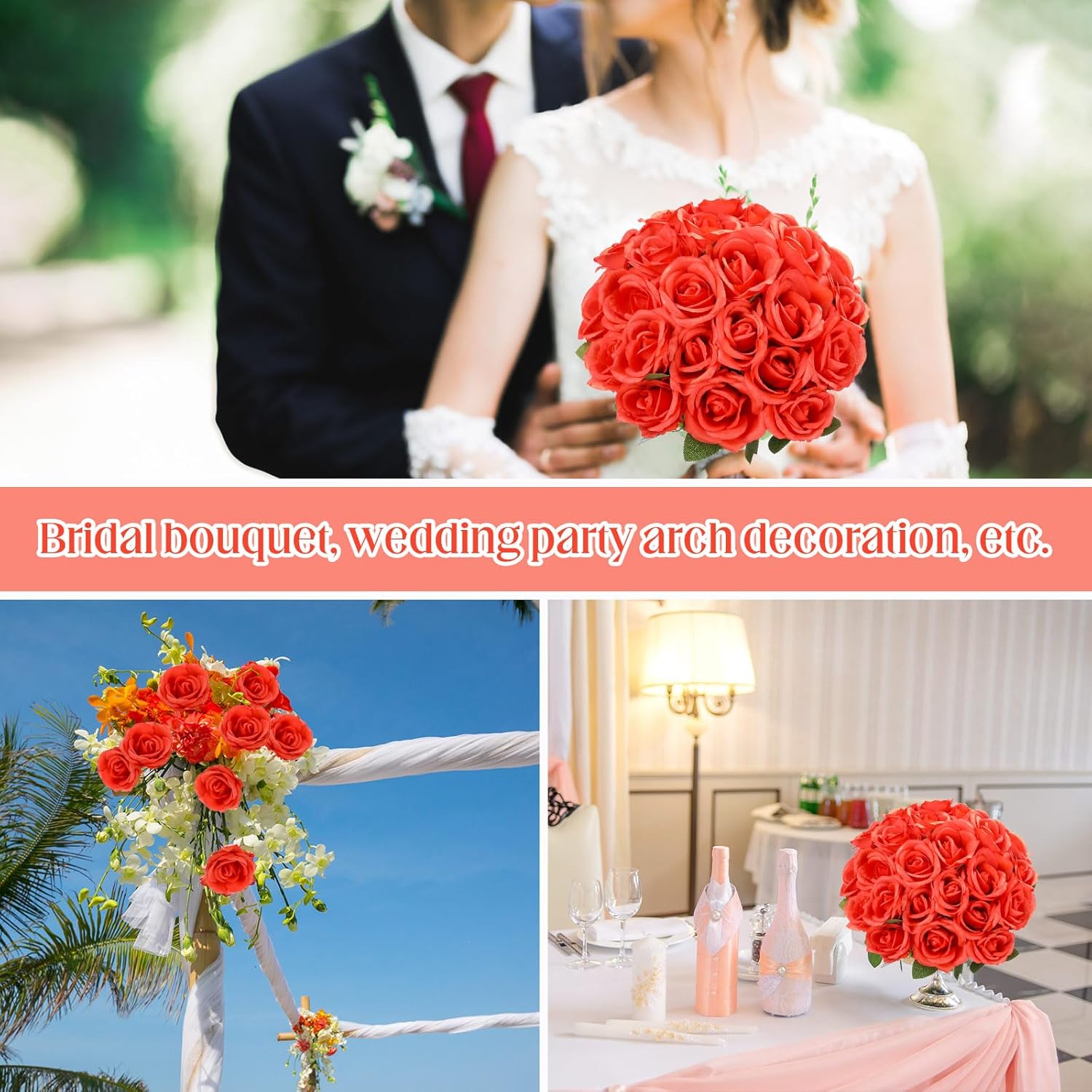 Jexine 60 PCS Artificial Roses Bulk Silk Flowers with Long Stems, Realistic Faux Rose Bouquet for Wedding Centerpieces, Valentine’s Party, Home Decor(Orange)