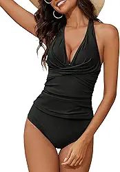 Tanquíni feminino franzido com gola V, controle de barriga, costas amarradas nas costas, traje de banho modesto com shorts