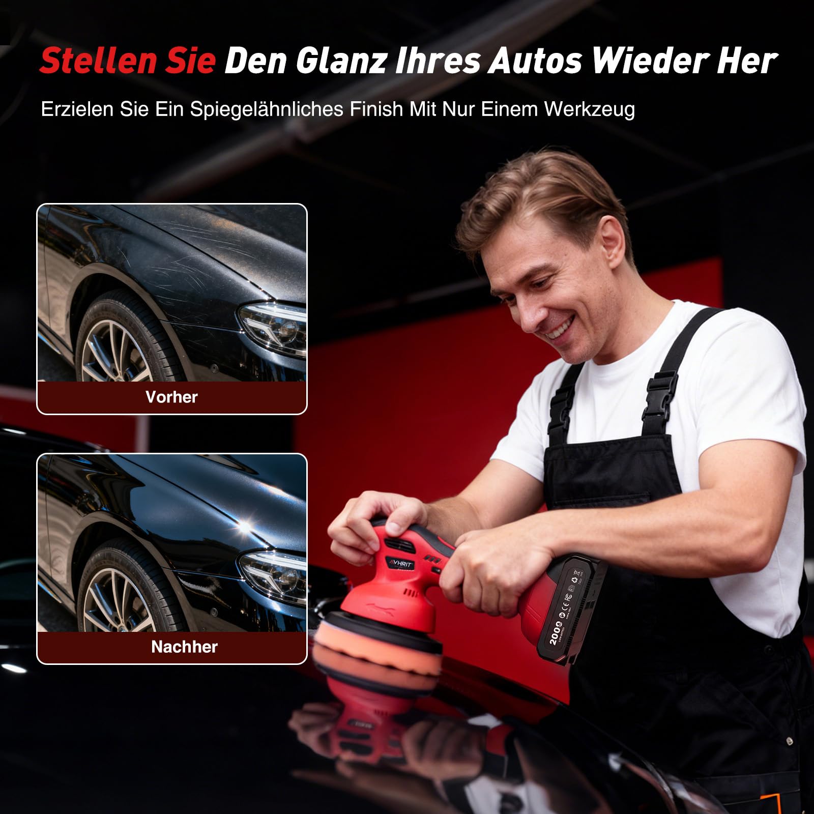 Cordless Buffer Poliermaschine Auto Akku, 2x2000mAh Batterie (Bis zu 6000 U/min) Poliermaschine Auto, 6'' Autopolierer, 8 mm Exzenter-Poliermaschine für Auto-und Bootspflege, Polieren Wachsen