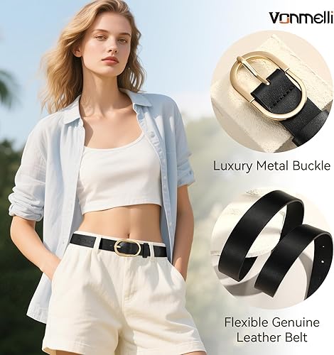 Vista 4 de VONMELLI Paquete de 3 cinturones de mujer para pantalones vaqueros, cinturón de vestir con hebilla dorada