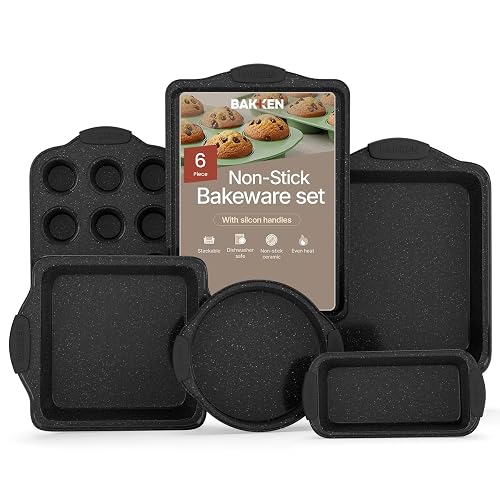BAKKENMaster 6-Piece Nonstick Gray Marble Coated Bakeware Set - Professional Quality Carbon Steel Pans with Silicone Handles - Ideal for Oven, Refrigerator, Freezer - Dishwasher Safe