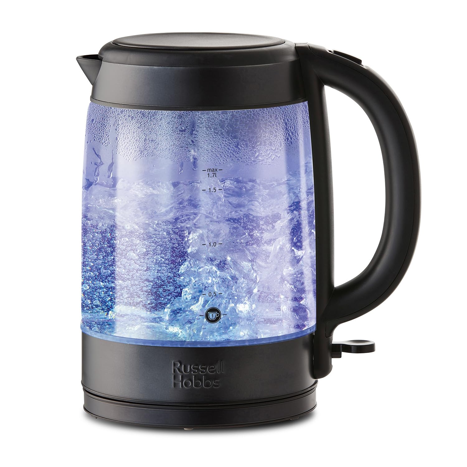 Russell Hobbs Glass Kettle, Stylish Matte Black Design, Perfect Pour Spout, Internal Blue Illumination, Washable Anti-Scale Filter, Large 1.7L Capacity, 3000W, 27750