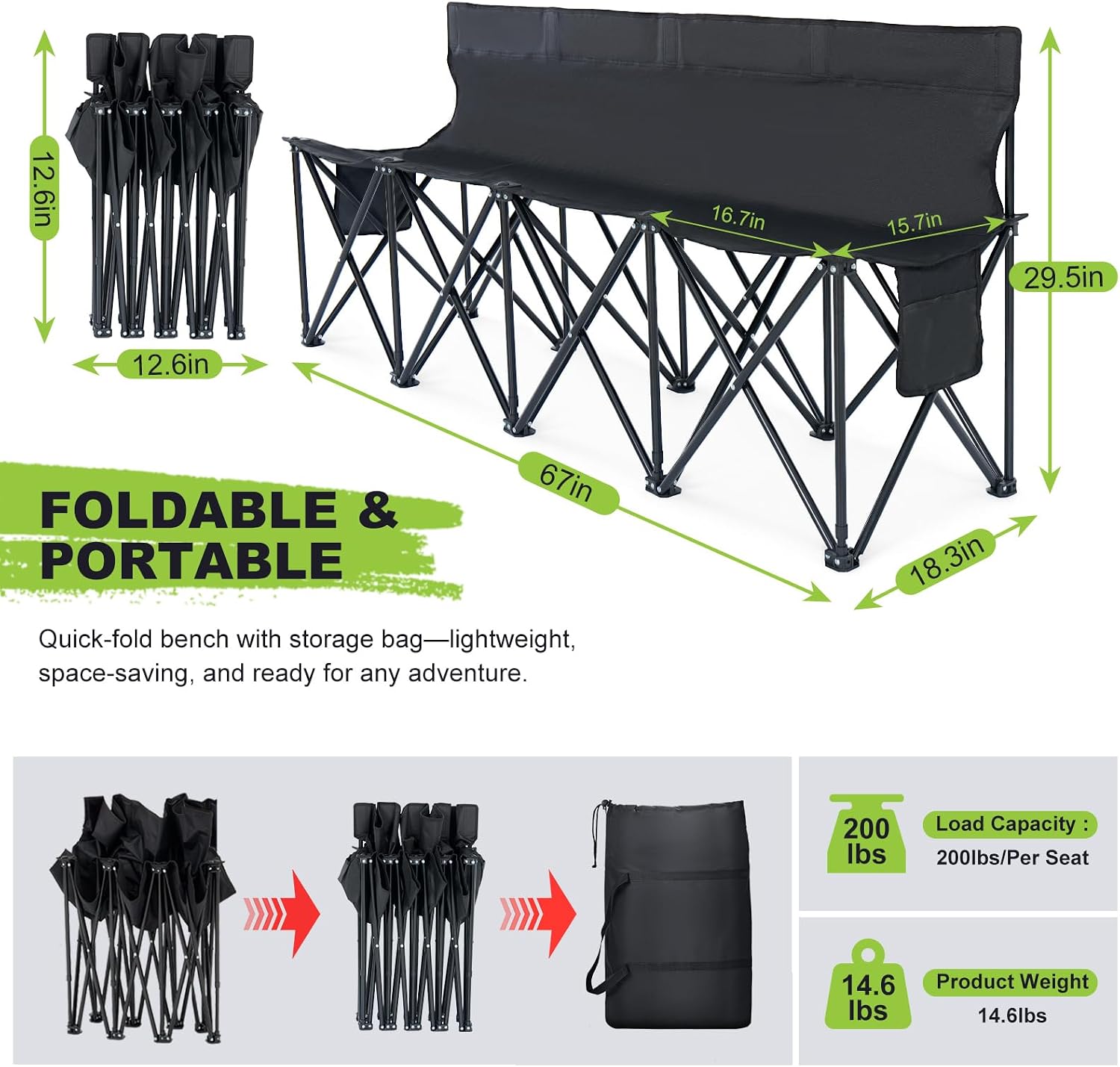 NAIZEA 4-Seat Sports Bench, Folding Bench Chair Sideline Benches with Back, Stadium Seats Camping Chairs Portable Team Benches for Soccer & Football Sidelines, Tailgating, Camping & Events