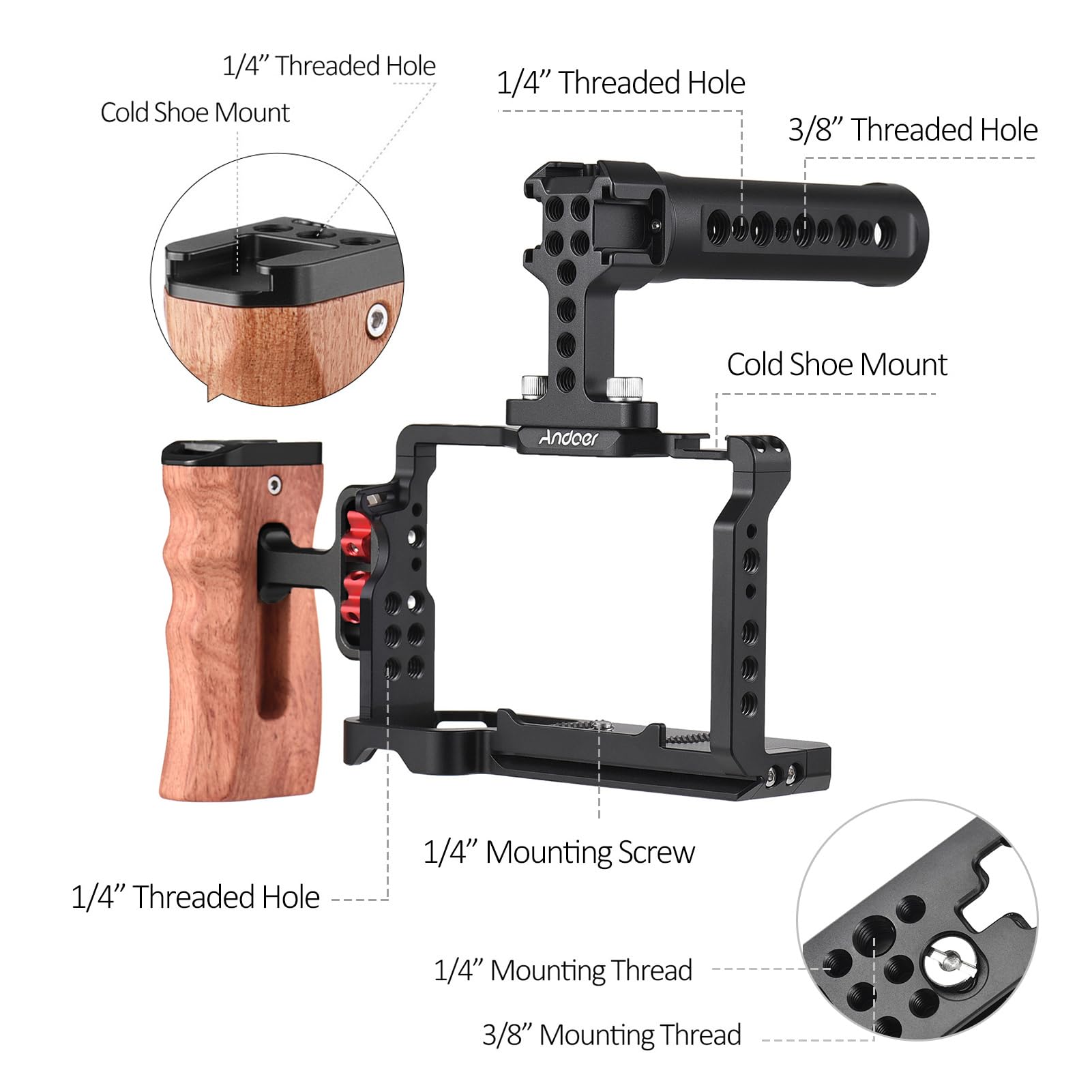 Andoer Camera Video Cage + Top Handle + Side Hand Grip Kit Aleación de Aluminio Cámara Video Cage con monturas de Zapata fría Numerosos Hilos de 1/4 de Pulgada Reemplazo para cámara Sony A7C