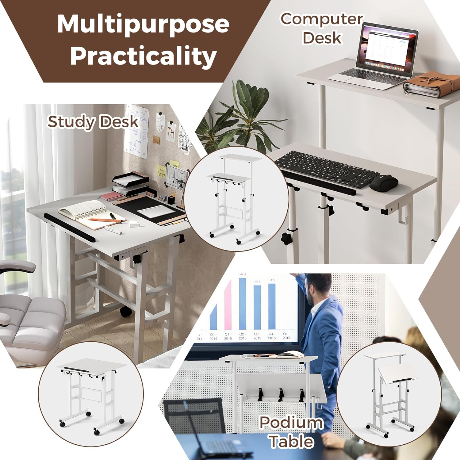 GOFLAME Mobile Standing Desk, Height Adjustable Stand Up Computer Workstation, 2 Split Tops, Tiltable Desktop, Rolling Podium Stand, Portable Laptop Cart with Wheels for Home Office, White