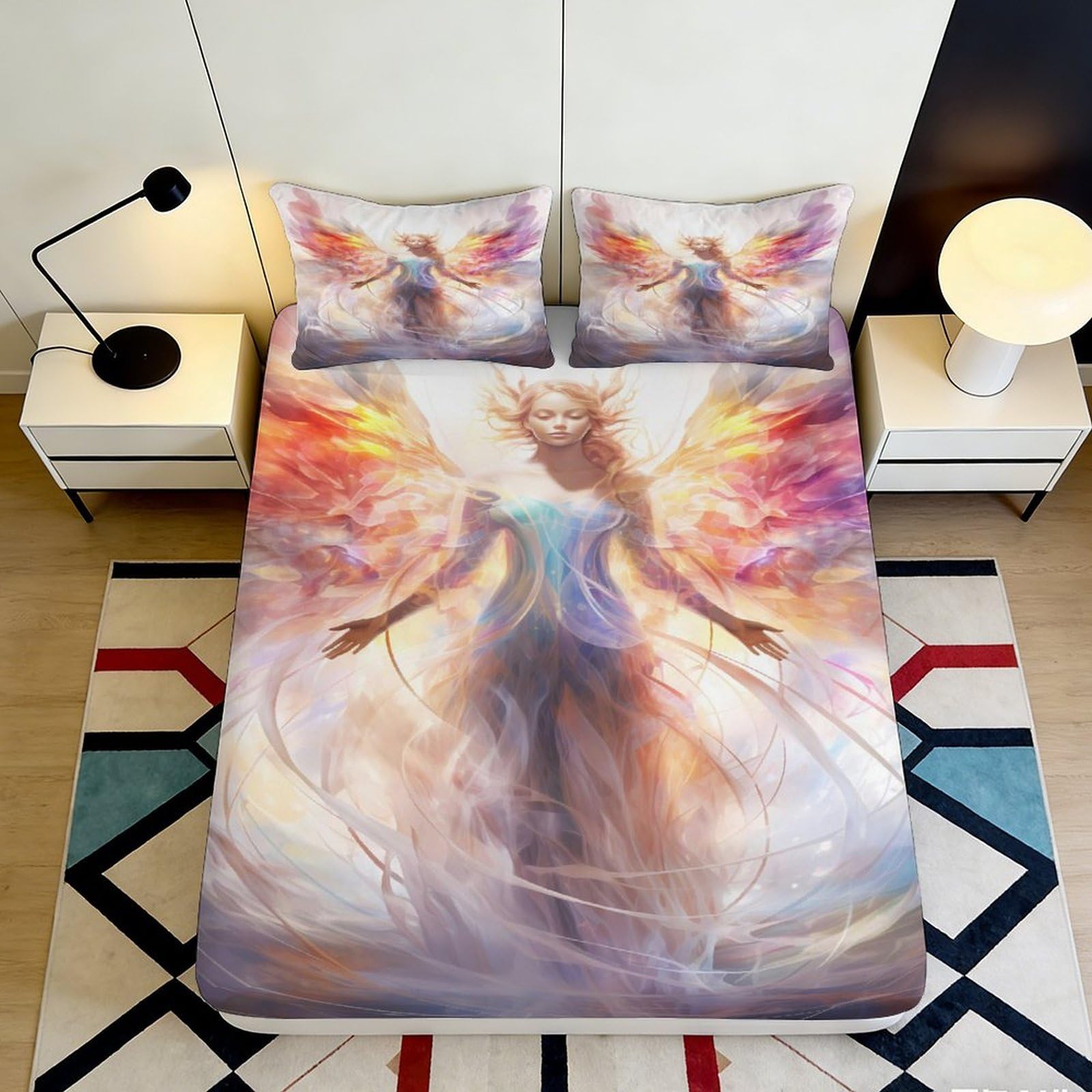 3D Printed Angel Wings Fitted Sheet Microfiber Soft Breathable Abstract Fantasy Mattress Cover for Bedroom Decor 120x200x25cm