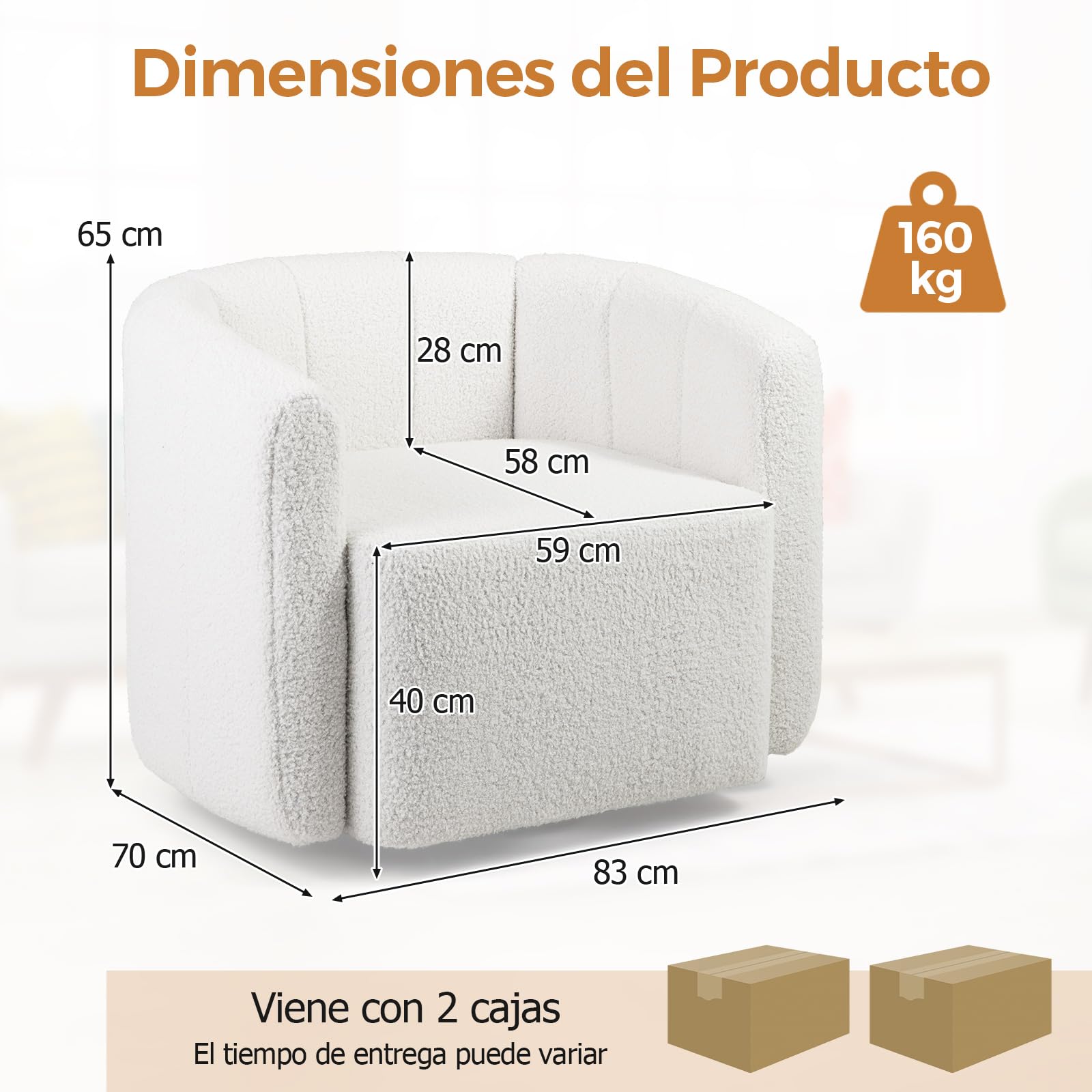 COSTWAY Sillón de Salón Giratorio 360°, Sillón para Leer Tapizado en Sherpa con Respaldo Curvado y Descansabrazos, Sillones Modernos de Salón con Forma de Calabaza para Sala de Estar, Dormitorio