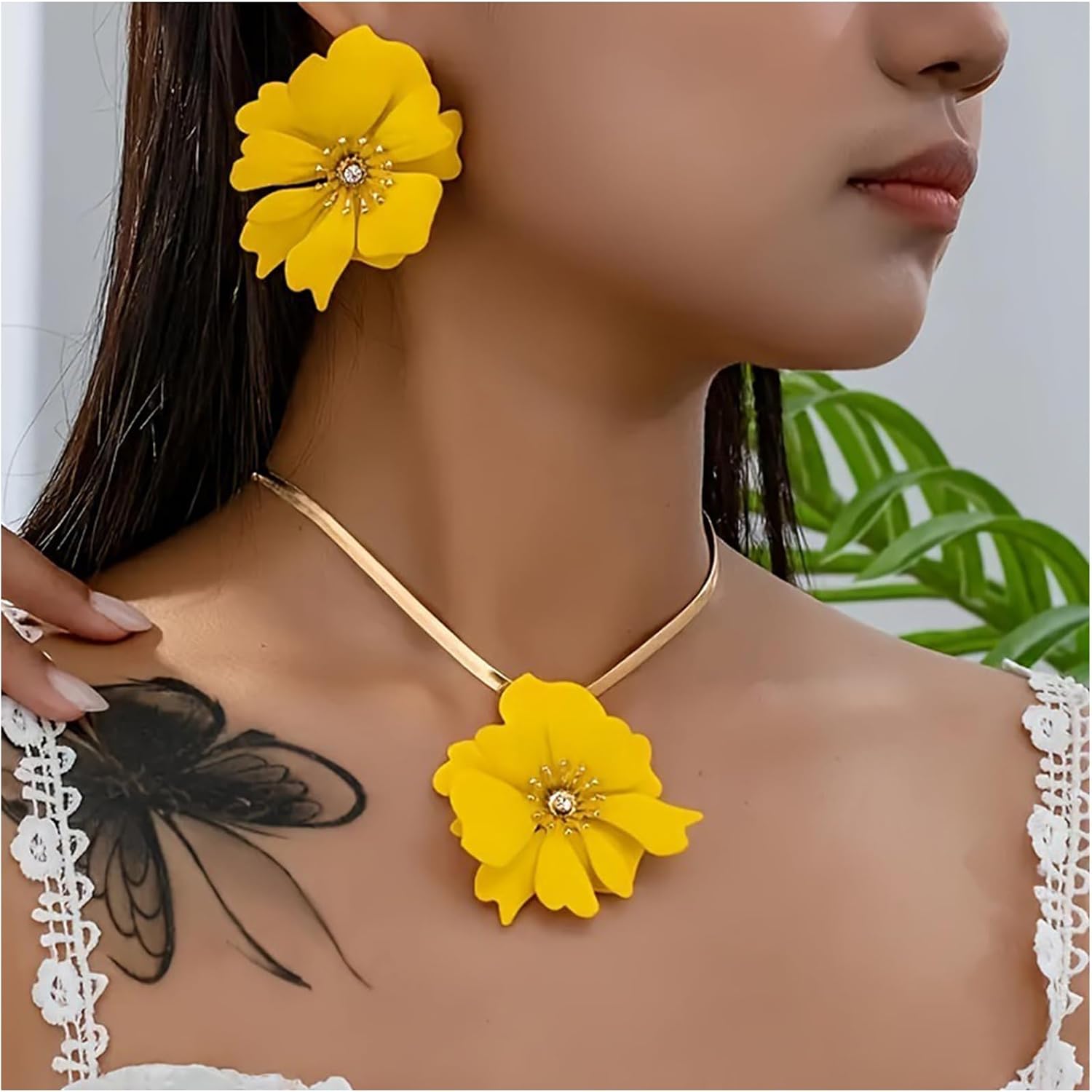 ZAHSY Flower Snake Chain Necklace and Earring Set for Wedding Beach Bohemia Flower Earrings for Women Big Flower Jewelry Set image 3