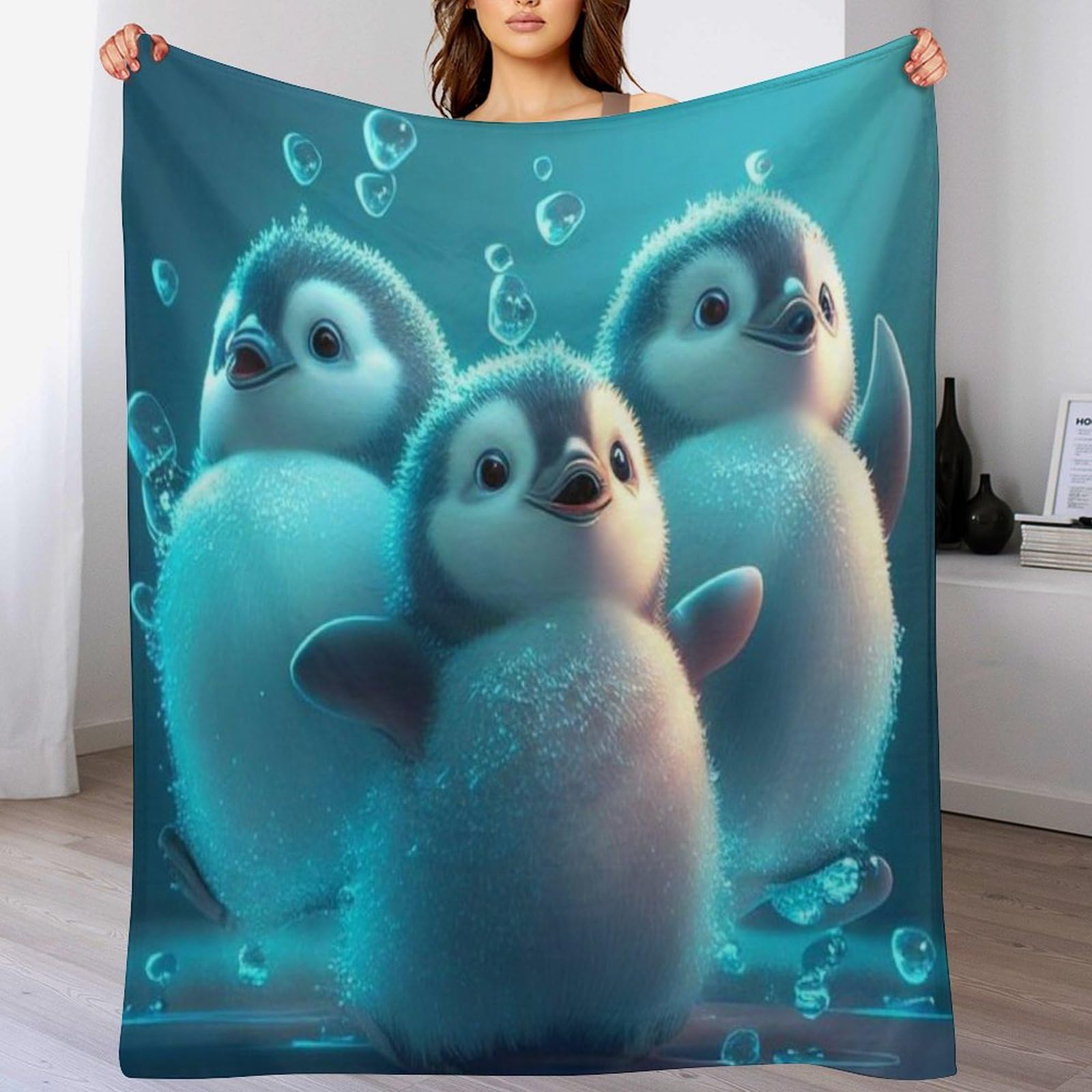 Couverture polaire pingouin en flanelle douce, idée cadeau lit et canapé