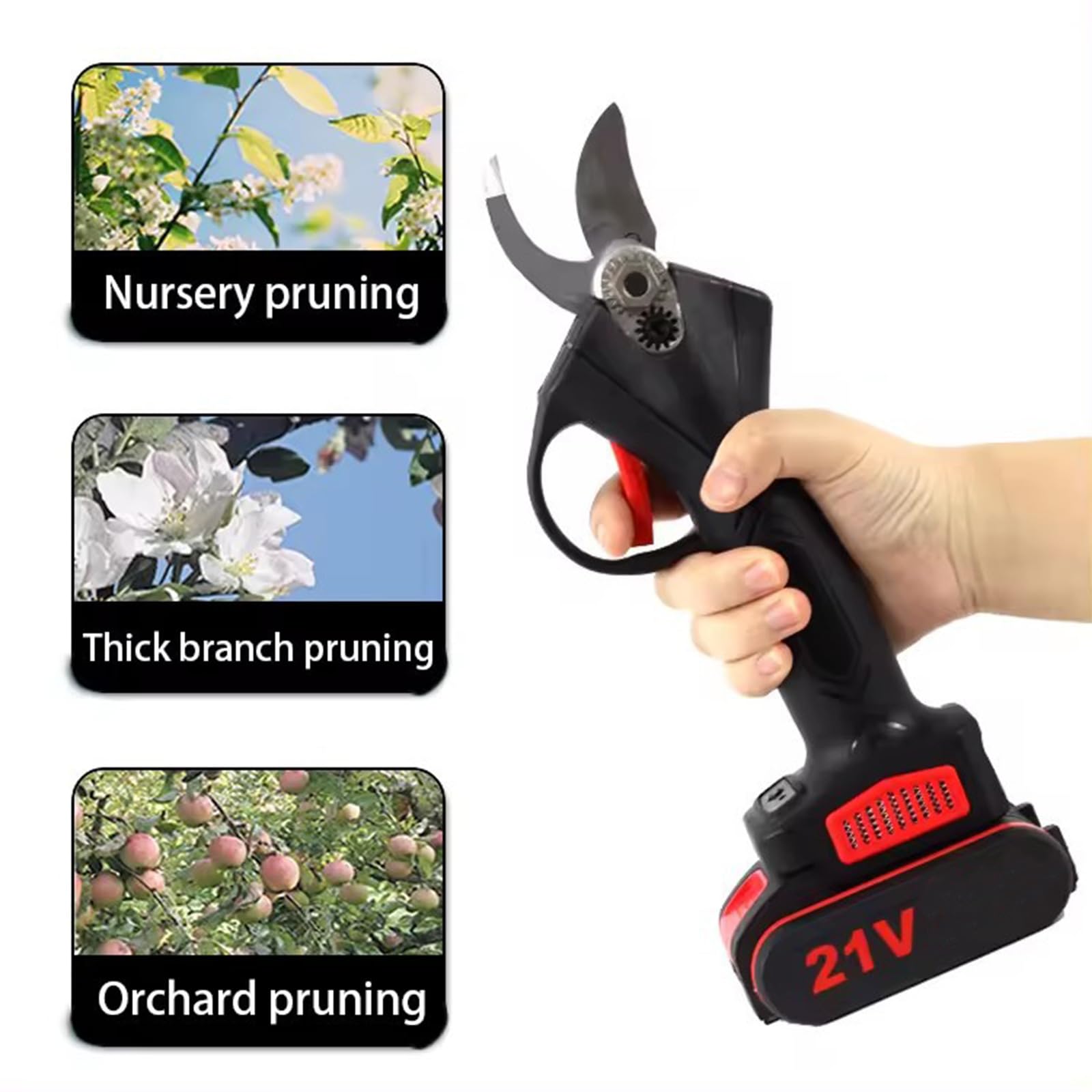 Podadora eléctrica inalámbrica, 25 mm de podadora eléctrica profesional, con 2 recargables 21 V baterías, 1200 W, corte de rama eléctrica, jardinería, árboles frutales y viñedo