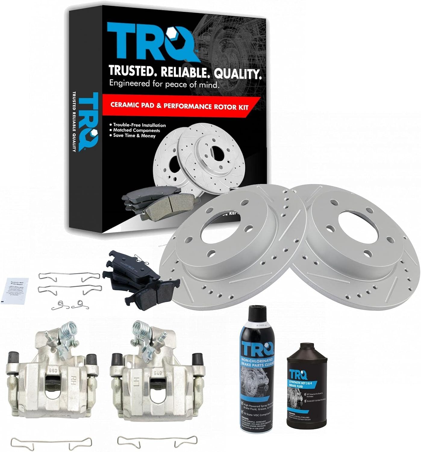 TRQ Rear Performance Brake Pad, Caliper, & Rotor Kit, with Chemical Kit Ceramic Premium G-Coated Compatible with 2009-2013 Mazda 3