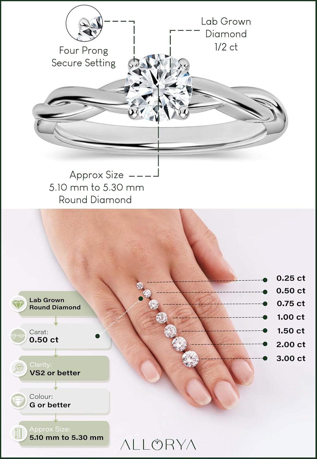 Round Moissanite or Lab Grown 0.50 Carat White Diamond Solitaire Intertwined Strands Engagement Ring for Women in 925 Sterling Silver