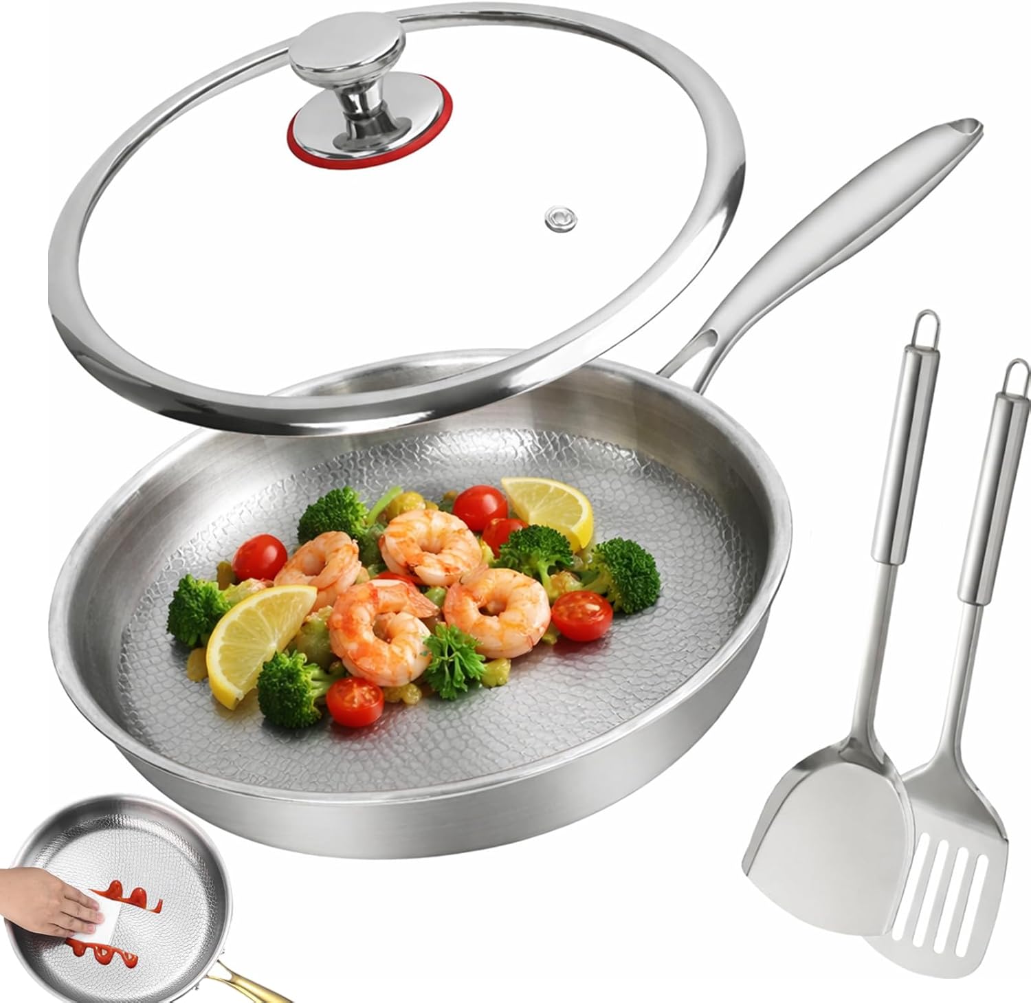 Siraat Pure Titanium Pan, 100% Pure Titanium Hammered Non-Stick Frying Pan with Lid - No Coating Cookware for All Stovetops, Induction, Gas, Electric - Home Titanium Cookware (With lid, 12.59)