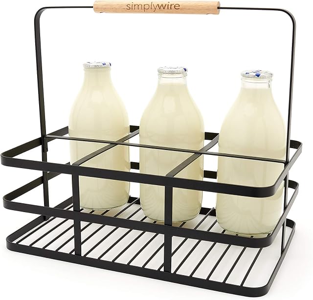 simplywire - Retro 6 Unit Milk Bottle Holder  Wine Bottle Carrier  Black Flat Wire