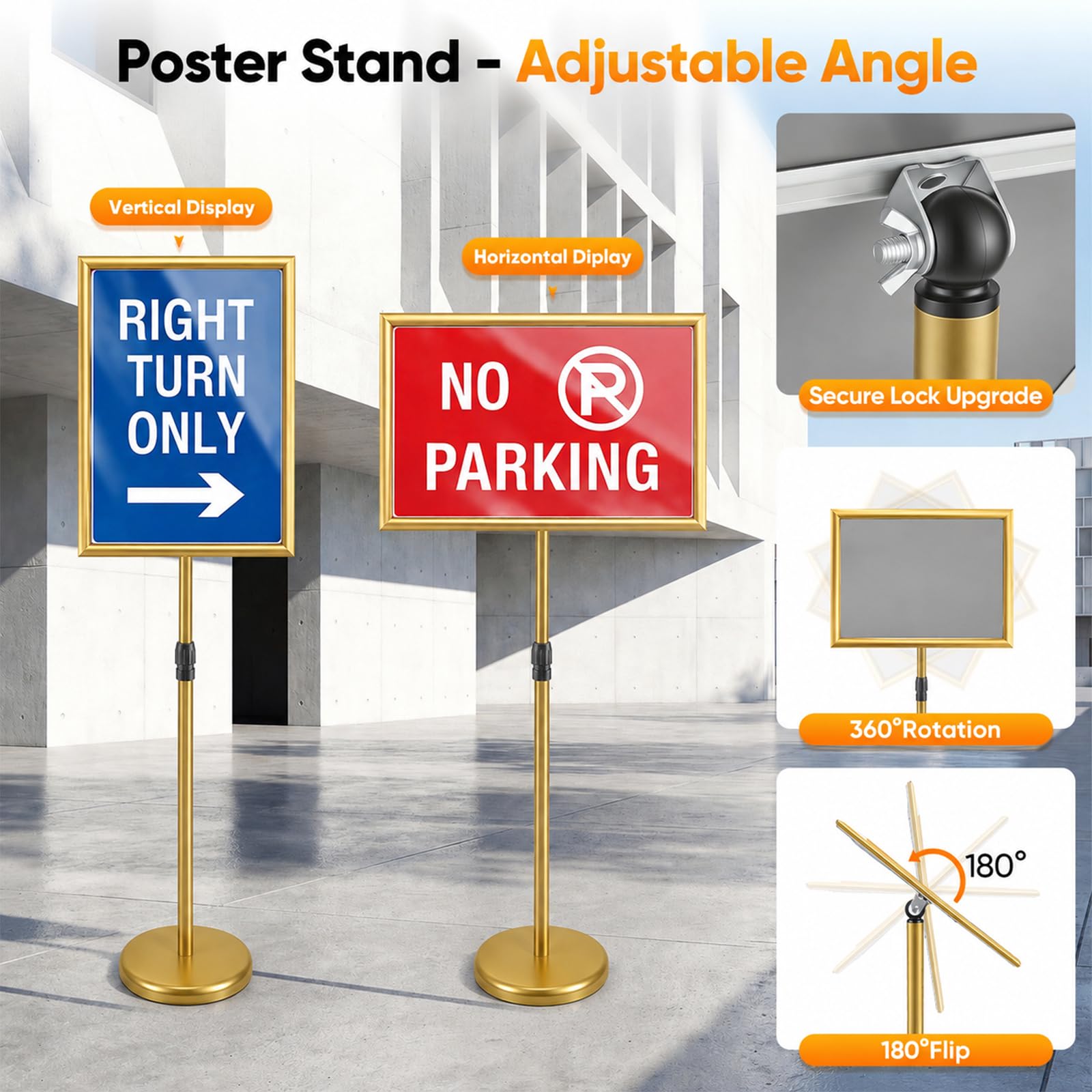 Infoständer DIN A2, Gold Höhenverstellbar Edelstahl Informationsständer mit robuster Standfuß, Bodenstehender Kundenstopper & Werbeständer, Drehbarer Poster Plakatständer