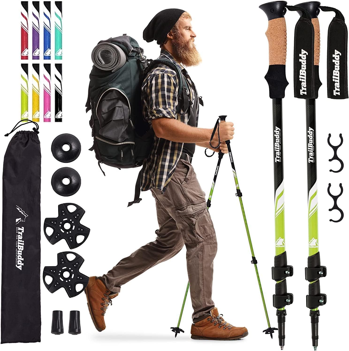 TrailBuddy Trekking Poles, Set of 2, Climbing Stocks, Lightweight Aluminum Aircraft Quality Walking Poles, Climbing Canes, Telescopic, Flip-Lock, Cork Grip, Padded Straps with Various Accessories