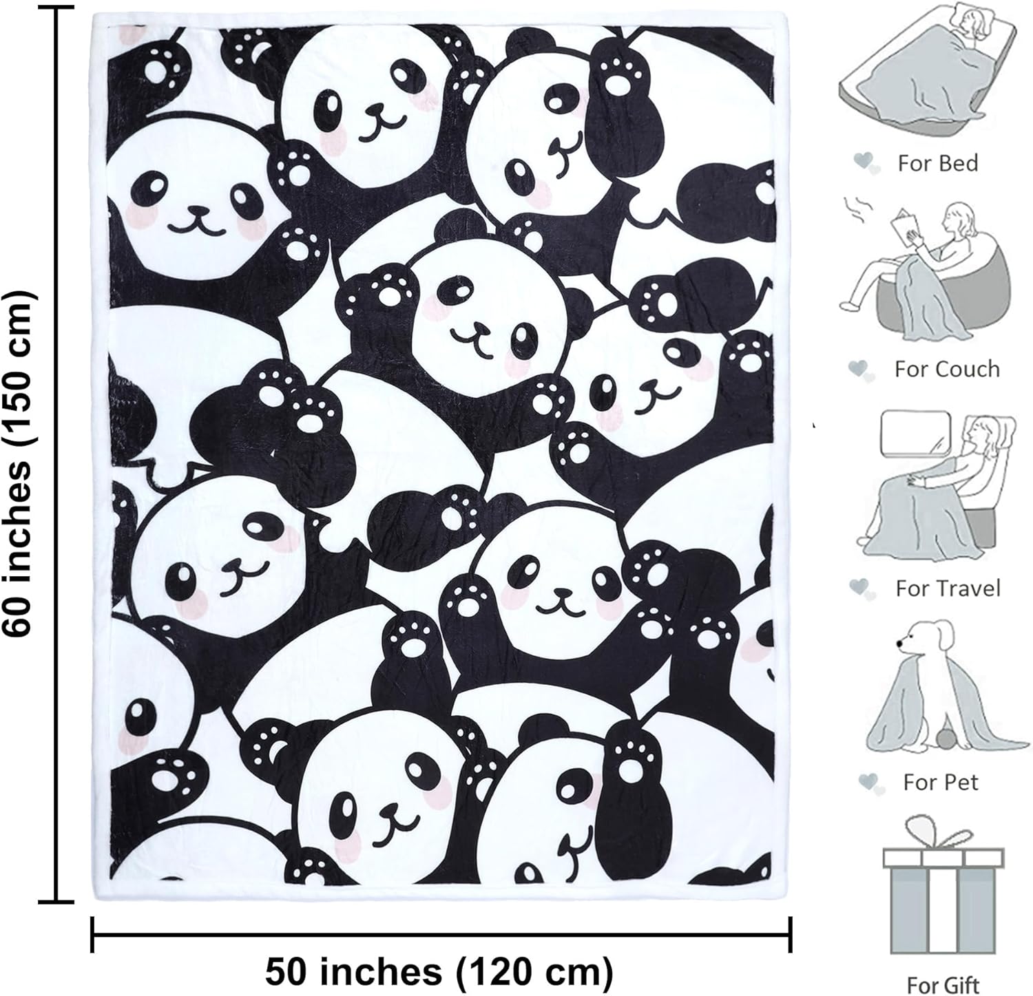 Panda Blanket Super Soft Cozy Blankets Black & White Pandas Stuff Pandabear Gifts for Girls Toddler Adults Flannel Fleece Blanket Lightweight Cute Panda Accessories (Cute Panda, 50x60 Inches) - Image 2