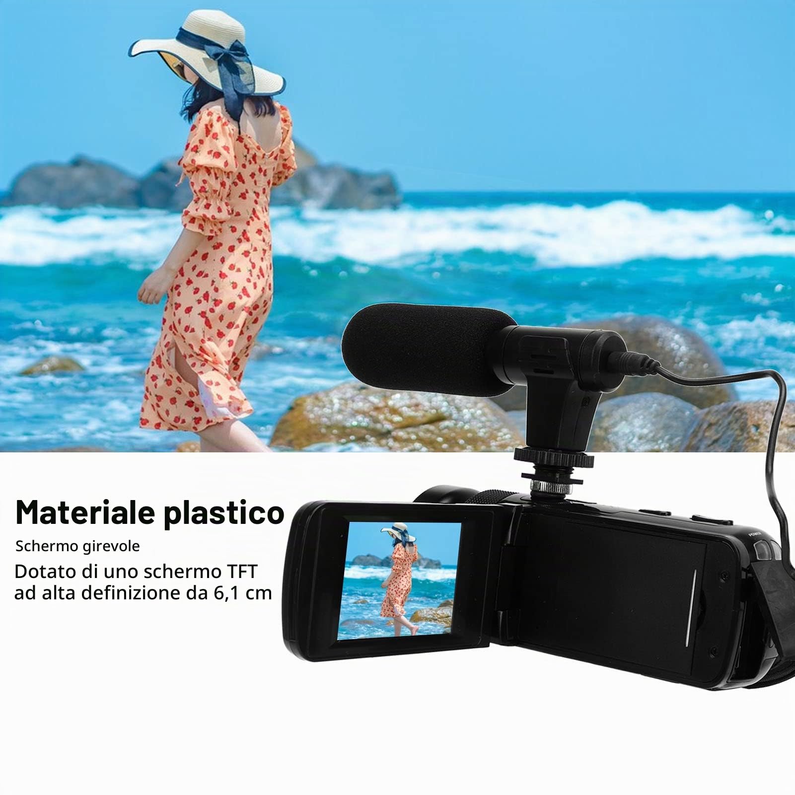 videocamera 4K 48MP YouTube Camera IR Visione Notturna 2.4 Pollici Touchscreen Ruotabile a 180° per Microfono, Paraluce, Obiettivo
