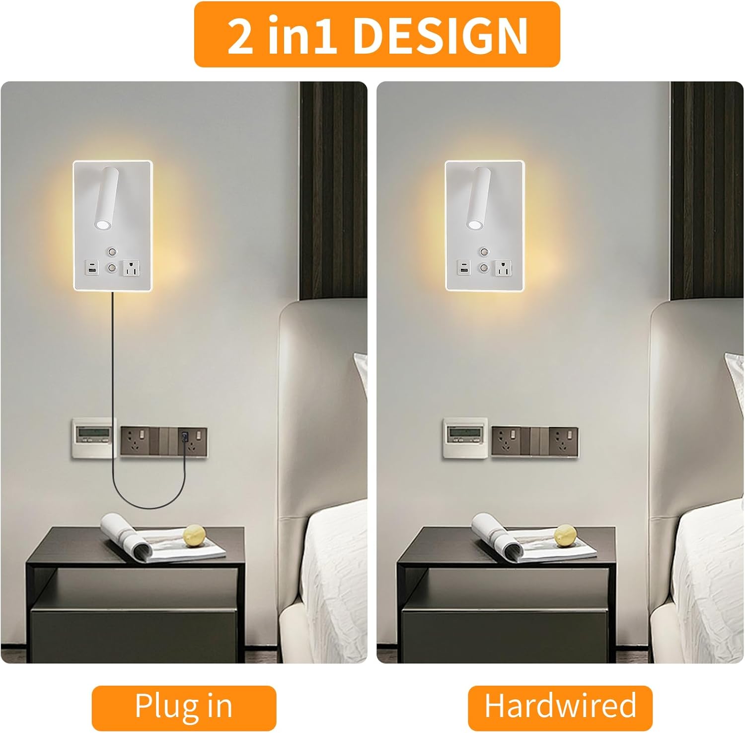 Dimmable Plug in Wall Sconce with Touch Switch,Headboard Bedside Wall Lamp,Multifunction Wall Light with USB C+A Ports,Adjustable Wall Mounted Reading Light,3 Color Temperature(White)