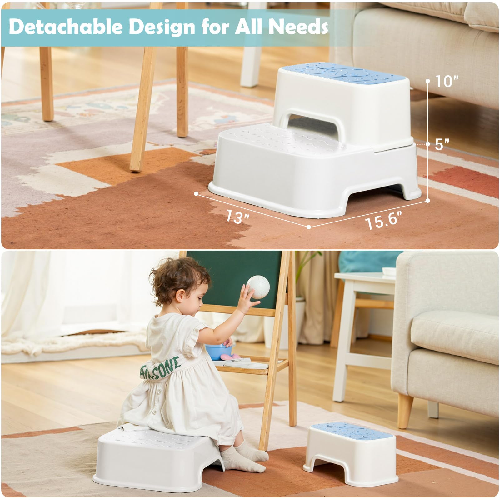 MangoHood Taburetes de 2 escalones para niños – Taburete multifuncional para inodoro para niños, taburete antideslizante para fregadero de baño, entrenamiento de orinal, cocina (azul-2 paquetes)