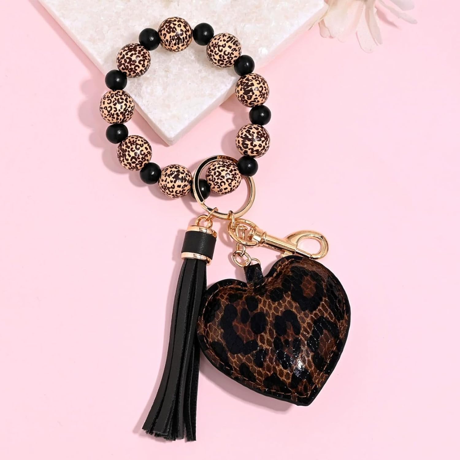 Angyape Wrist Keychain Bracelet Silicone Bead Car Keychain Wristlet for Women Leopard Heart Tassel Bag Charms for Handbags - Image 7