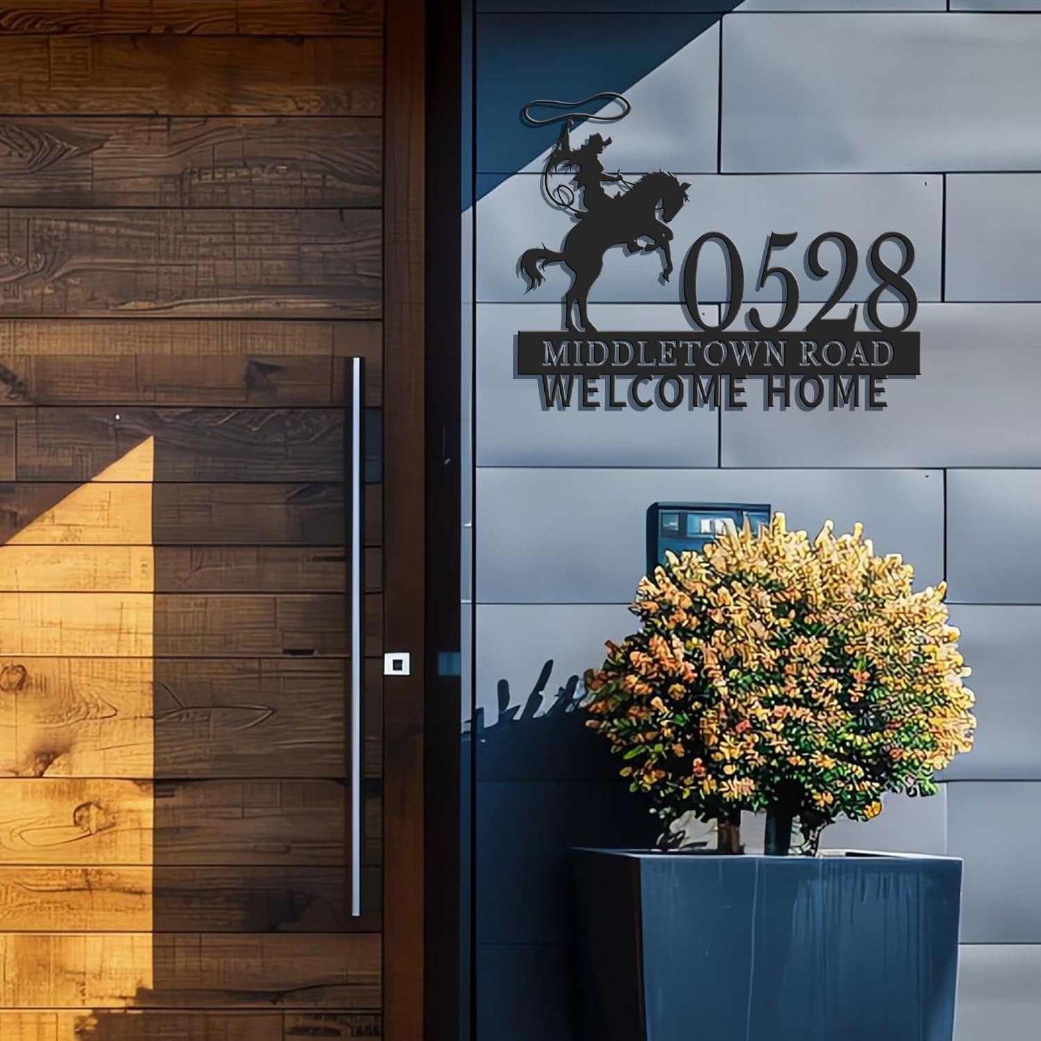 Personalized Cowboy Metal Address Sign, Custom Western House Number Plaque, Home Address Wall Sign,Horseback Riding Design, Ranch Style Decor, Outdoor Front Door Patio Decor (Type-3)