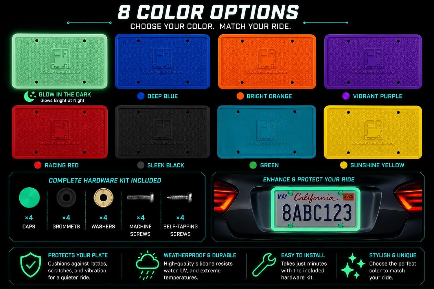 Glow in the Dark Silicone Backguard License Plate Pad/Backing Kit (1 Pack), Anti-Rattle Anti-Scratch Plate Protector, Fits Standard US Plates, Includes Hardware Metal Screw Caps (Purple)