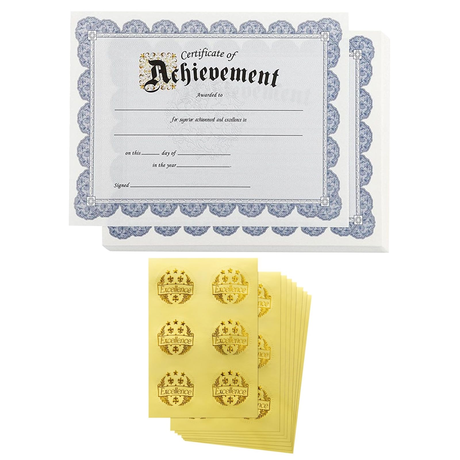 Sponsored Ad - Best Paper Greetings Certificate of Achievement & Gold Seal Stickers - 96-Piece Set, Letter Size 8.5 x 11 in, Blue Floral Border - Award & Diploma Paper for Schools & Businesses