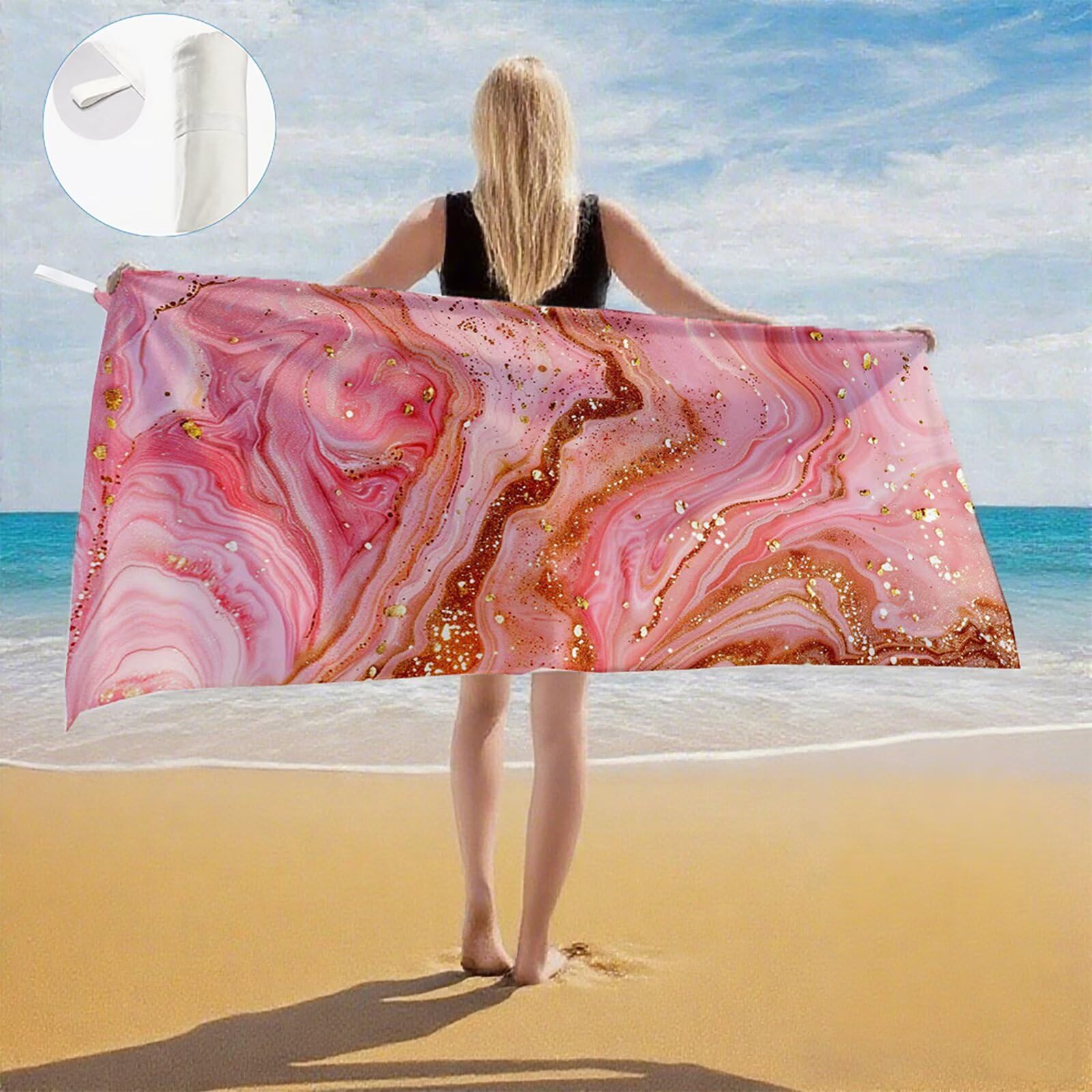 Serviette Plage Rose Motif, Serviette de Plage XXL 100x180 avec Sac, Serviettes de Bain Microfibre Séchage Rapide Anti-Sable Absorbante Fonction pour Bain, Sport, Voyages, Sauna, Piscine Q-649