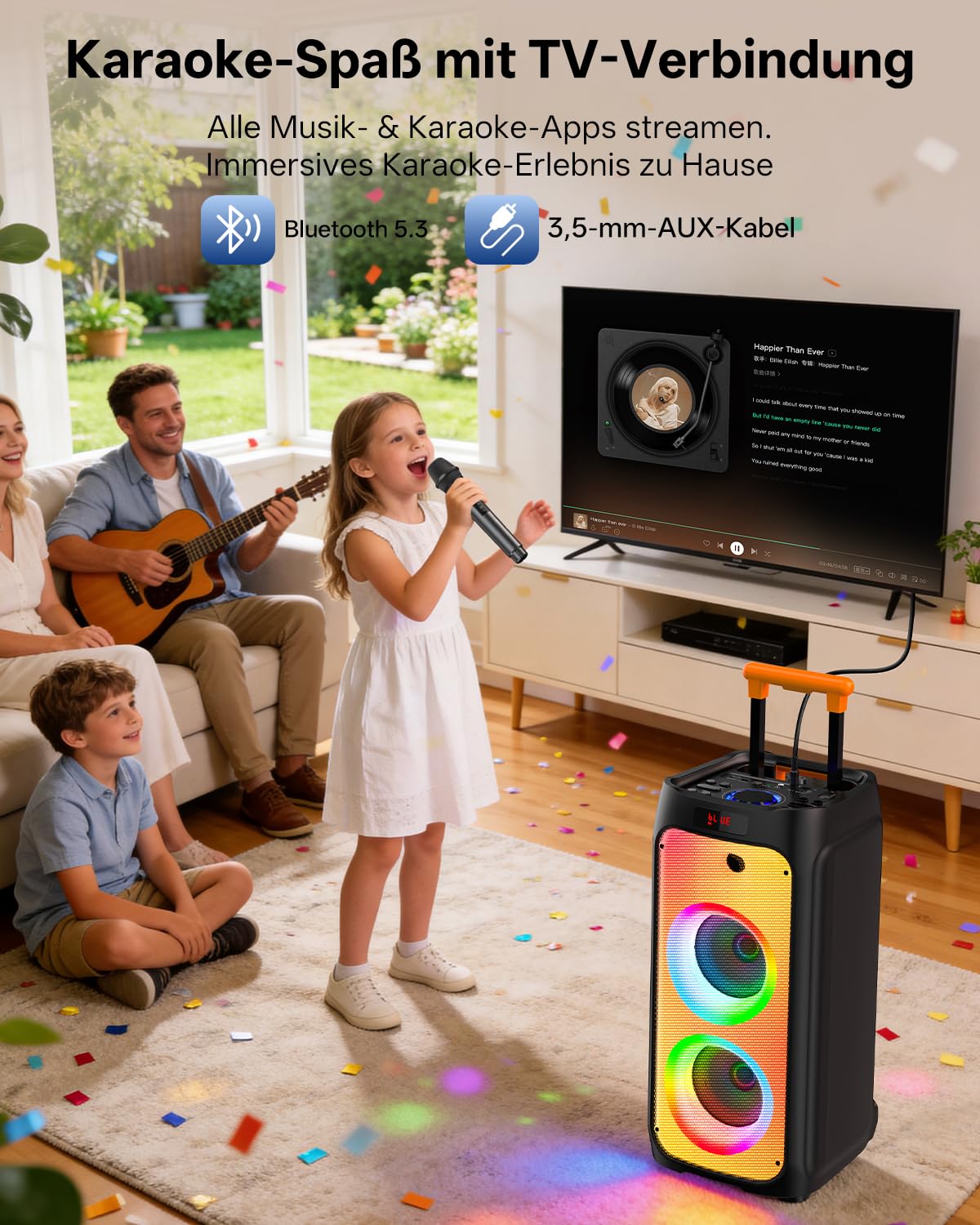 JYX Karaoke Anlage mit 2 drahtlosen Mikrofonen, Bluetooth Party Lautsprecher mit Rädern, Disco Lichtern und Subwoofer, 500W PA System für Party, Outdoor und Karaoke, TWS/SD/USB/AUX/Rec