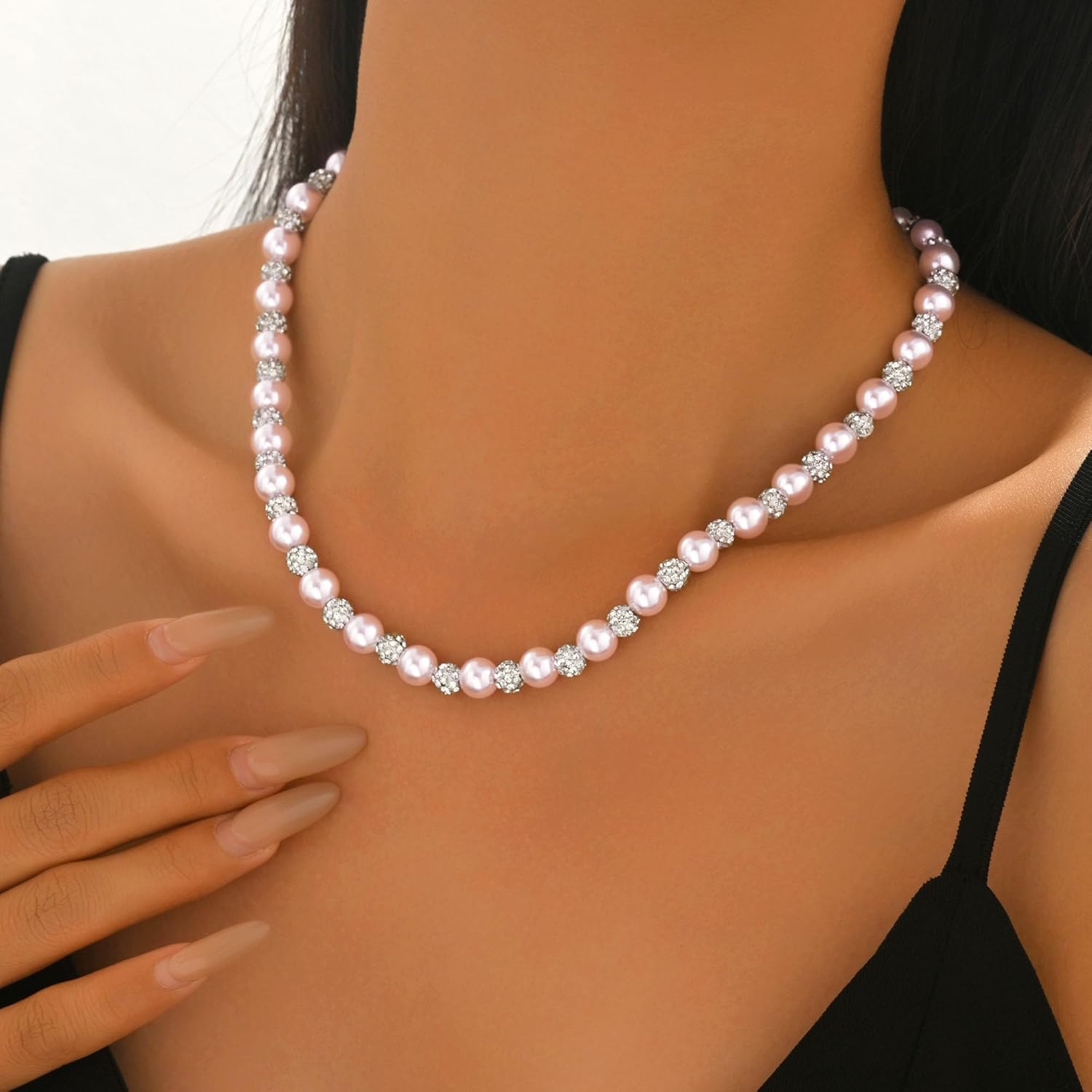 Pink Pearl CZ Choker Necklace for Women 925 Sterling Silver Dainty Crystal Bead Charm Chain to Daughter Mom Cute Rose Color Pearl Necklaces Elegant Boho Valentines Day Jewelry Gifts - Image 2