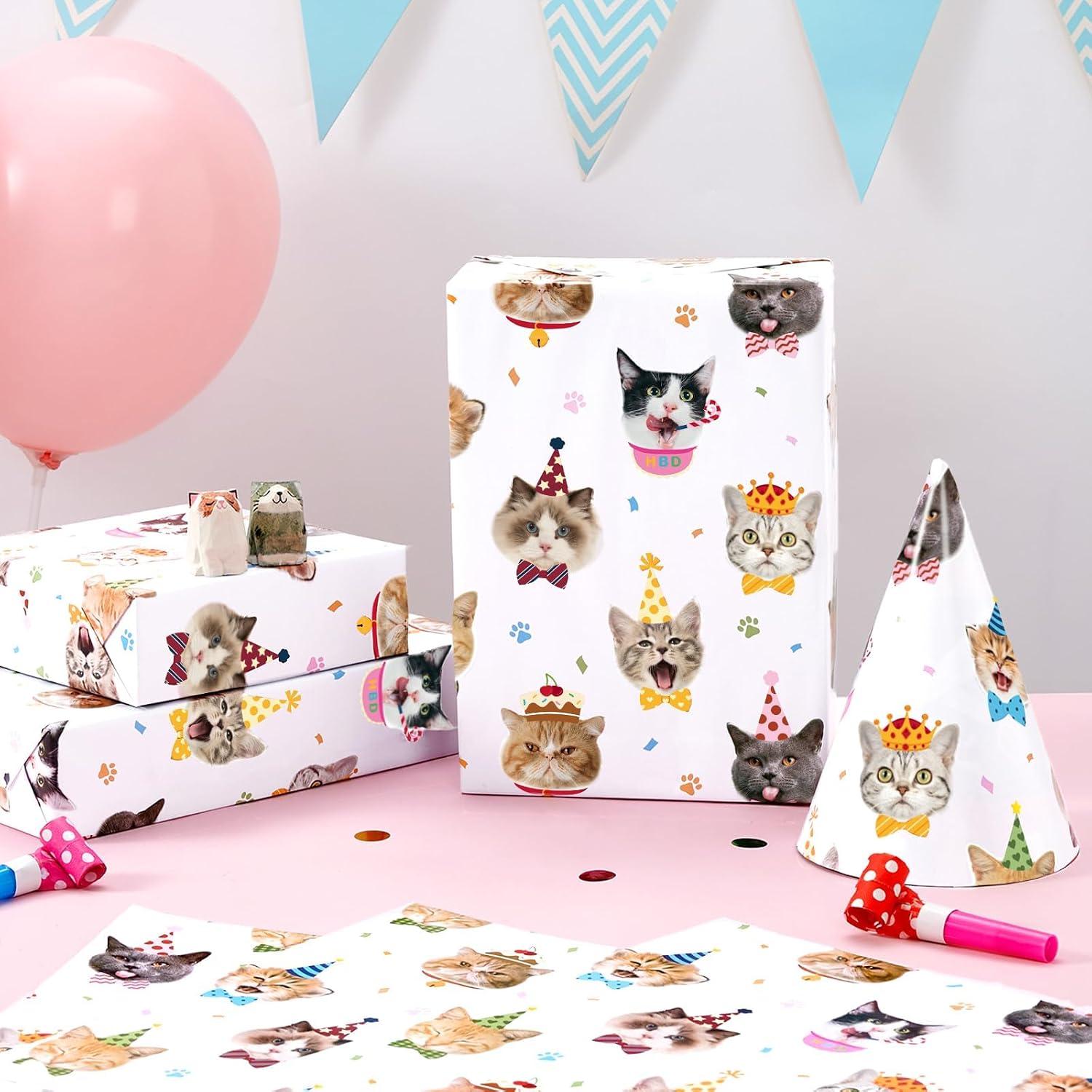 WERNNSAI Cat Birthday Wrapping Paper - 6 Sheets 19.7” x 27.5” White Cat Gift Wrapping Paper for Kids Birthday Party Gift Packing Supply Funny Cute Theme Decor Favor
