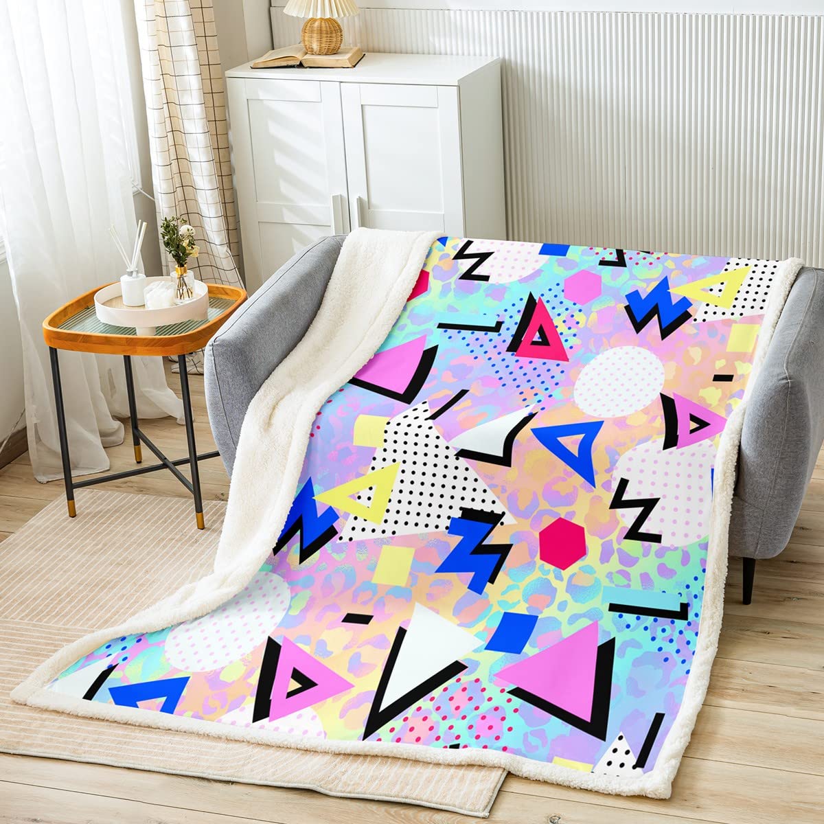 Erosebridal Cheetah Skin Fleece Blanket Gradient Animal Hide Throw Blanket for Teens Mens Boys Retro 80s 90s Memphis Bed Blanket Circular Triangle Geometric Blanket Urban Art Bedroom Decor 60