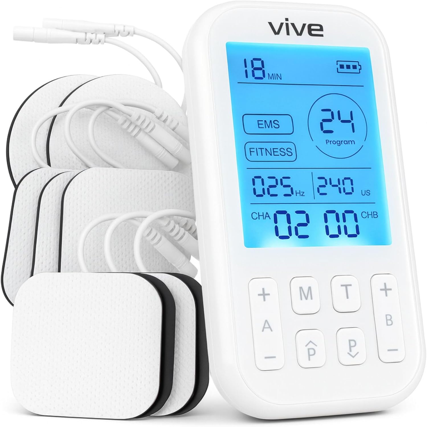 Vive Stim Machine for Muscle Recovery - 24 Mode Tens Unit Stimulator for Pain Relief Therapy - 24 EMS & 12 Fitness Models with Electrodes for Period Cramps, Physical Therapy - Stimulation Device