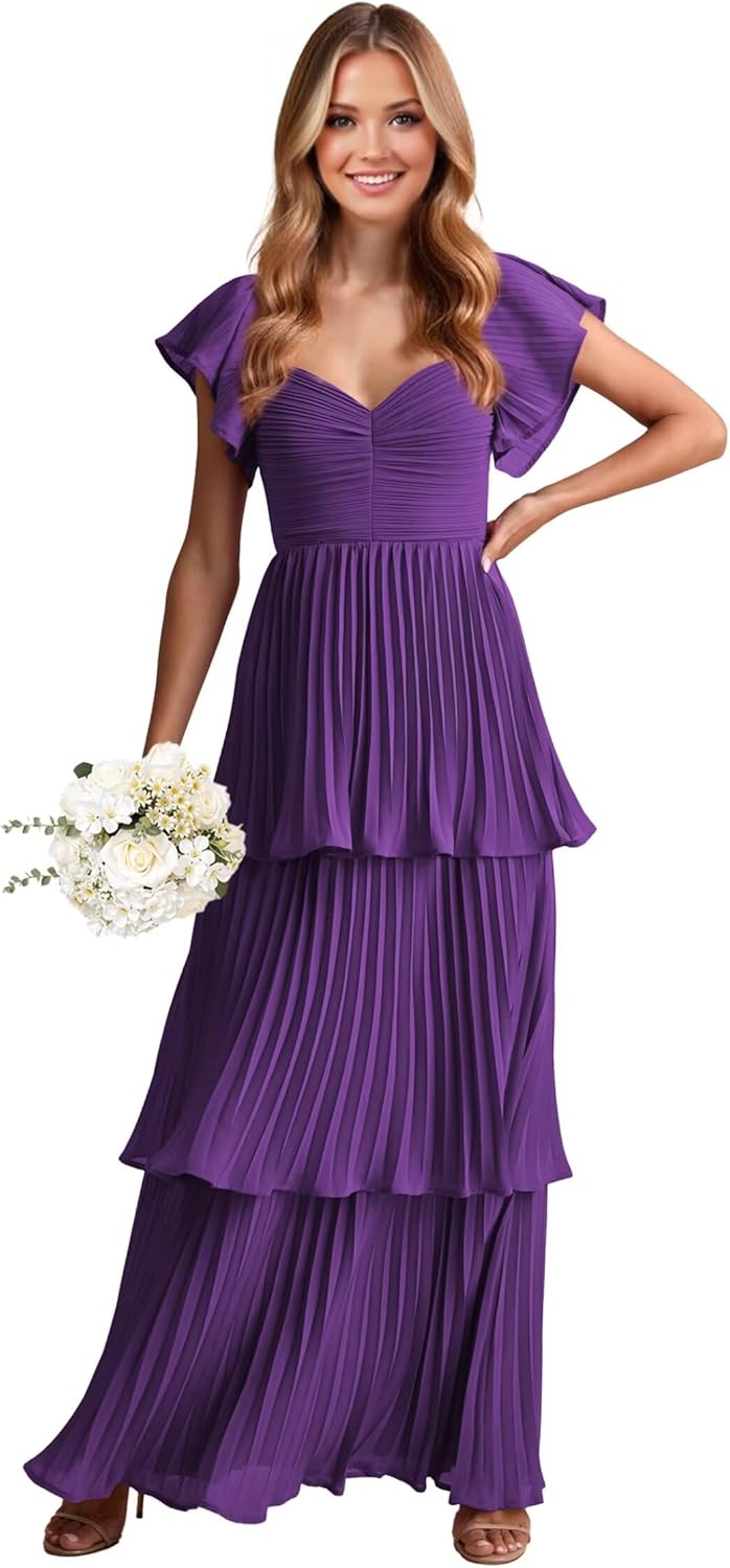 Tiered Chiffon Pl Size Summer Bridesmaid Dresses for Women 2026 A Line Purple Attractive Formal Party Dresses for Wedding Sweetheart Short Sleeve Prom Gowns with Pockets Size 22W