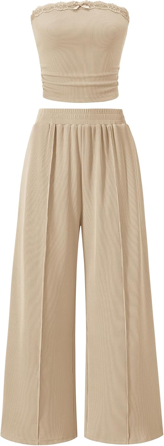 ZESICA Women's 2026 Summer 2 Piece Vacation Outfits Strapless Crop Tube Tops and Wide Leg Pants Travel Matching Sets