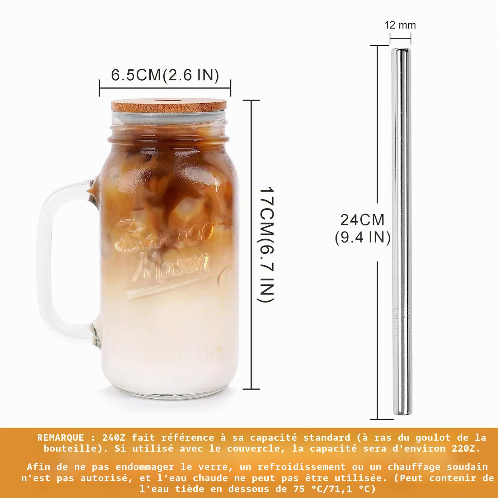 Tasse Mason avec couvercle et paille, 24 OZ normal Ice coffee Mason pot, verre à boire avec poignée, gobelet réutilisable