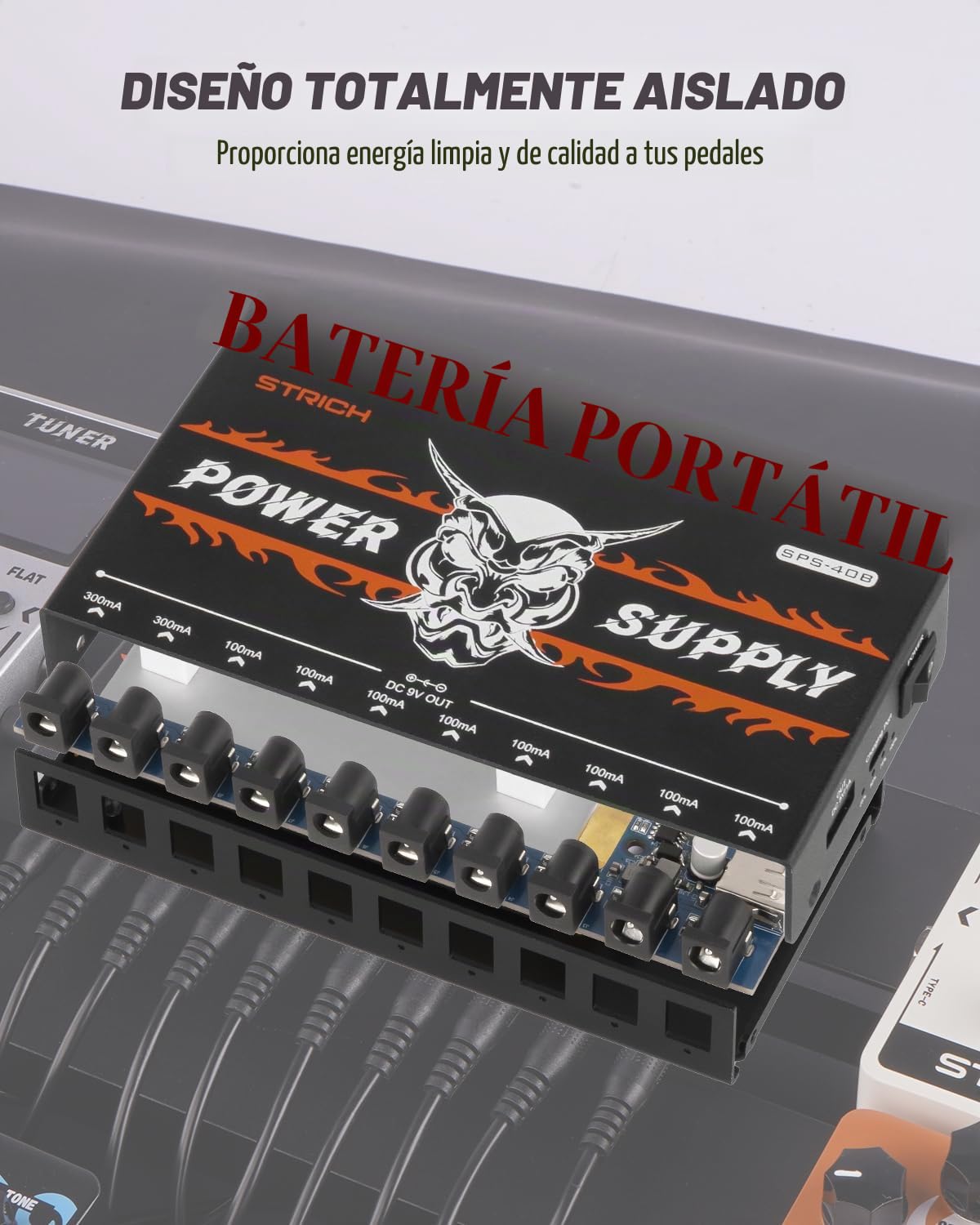 STRICH Fuente de alimentación de Pedal SPS-40B con Conectores Integrados de 10000 mAh, 10 Salidas CC 9 V (2 x 300 mA, 8 x 100 mA) para Pedales de bajo y Guitarra, batería Recargable, Pedal de Efecto