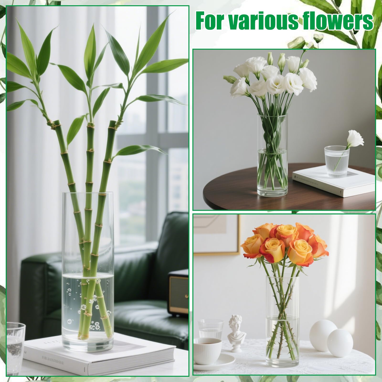 4 vasi in vetro grandi da 30 cm, cilindri, rotondi, per orchidee, rose, tulipani, erba della pampa, decorazione da tavolo, candele, ecc
