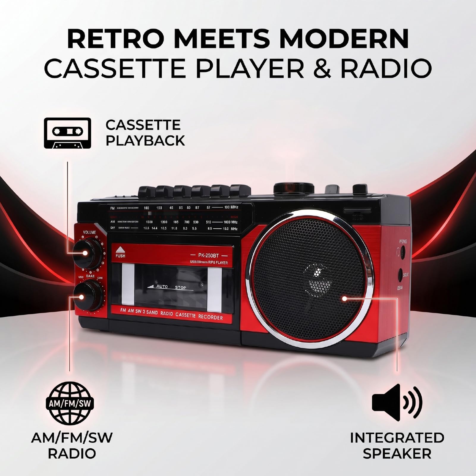 Przenośny Odtwarzacz Kasetowy z technologią Bluetooth (wtyczka UE) | Odtwarzanie USB, radio FM, wbudowany głośnik, gniazdo słuchawkowe, do użytku w pomieszczeniach i na zewnątrz