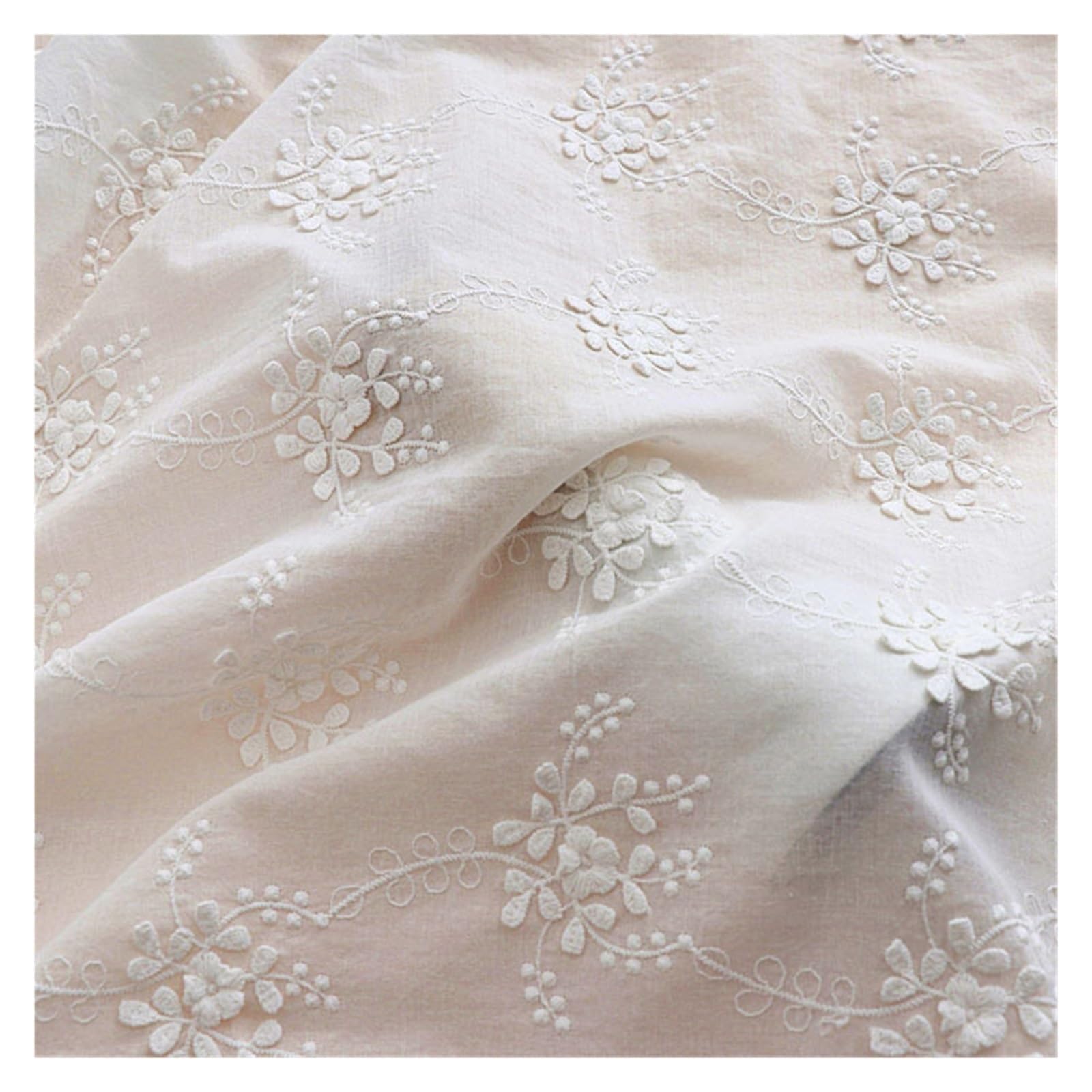 Tessuto in cotone stampato, Tessuto di cotone ricamato con fiori 3D bianchi, largo 130 cm, 0,5 metri/lotto, for vestiti/vestiti/tenda fai da te X133(White,1.5meter long)
