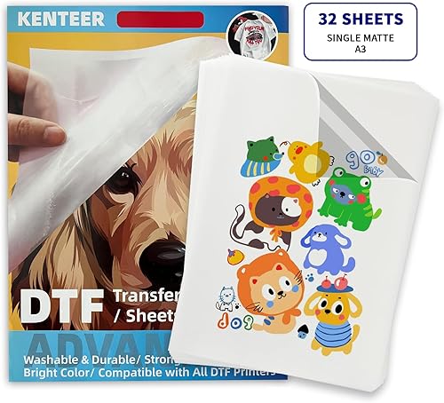 Kenteer 32 hojas de película de transferencia DTF, hojas de pretratamiento transparentes brillantes de una sola cara, papel de transferencia de