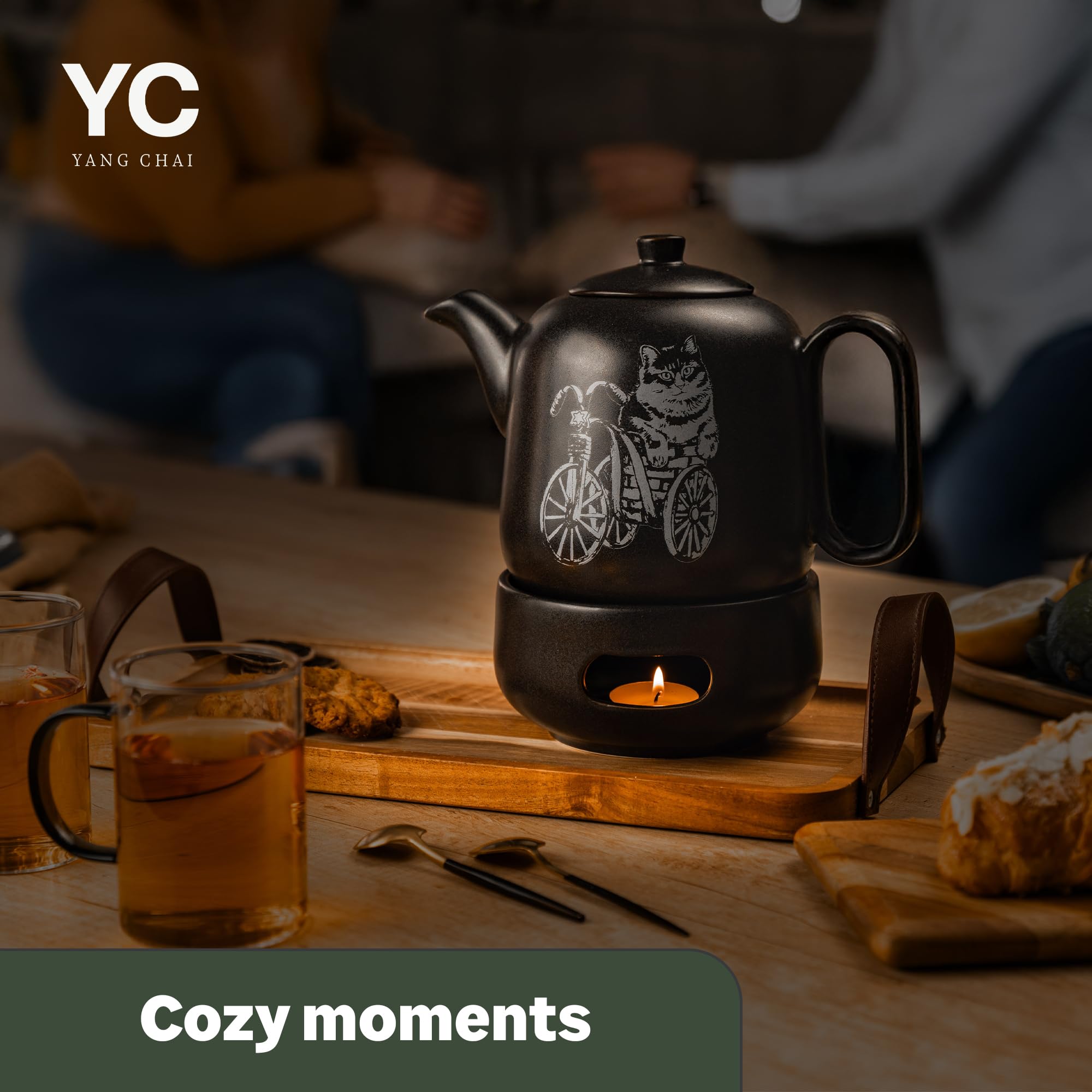 YC Yang Chai Teekanne mit Stövchen - Keramik Schwarz Matt 1.3L - Teekanne mit Siebeinsatz - Tropffrei & Hitzebeständig - Handgefertigte Keramik Tee Kanne - langanhaltende Wärme - YC GATOLO