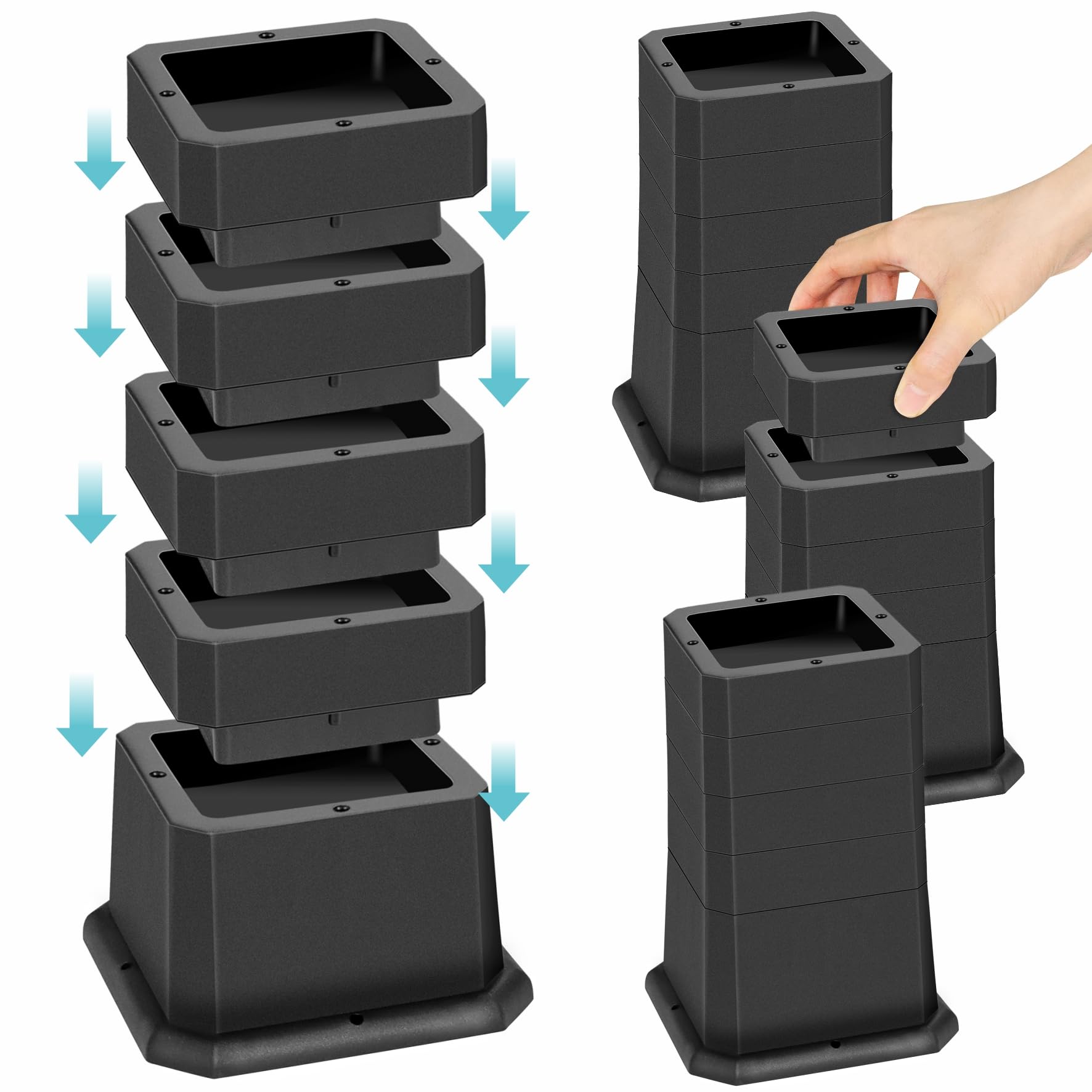 Rialzi per letto da 5, 7, 10, 12 o 15 cm, impilabili, regolabili, antiscivolo, per divani, tavoli, set da 4, colore nero