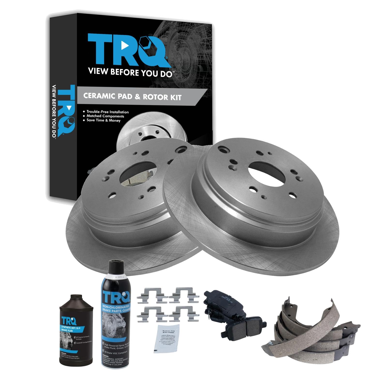 TRQ Rear Brake Pad &amp; Rotor Kit, with Chemical Kit Parking Brake Shoe Set Ceramic Compatible with 2004 Honda Odyssey