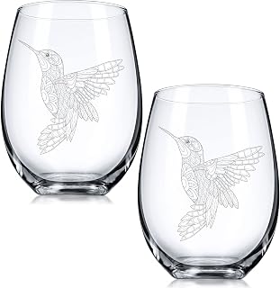 Mimorou 2 Pieces Hummingbird Stemless Wine Glass 17 oz Hummingbird Themed Gifts for Christmas, Valentine, Birthdays, Anniversaries, Retirement, Mother's Day, Father's Day