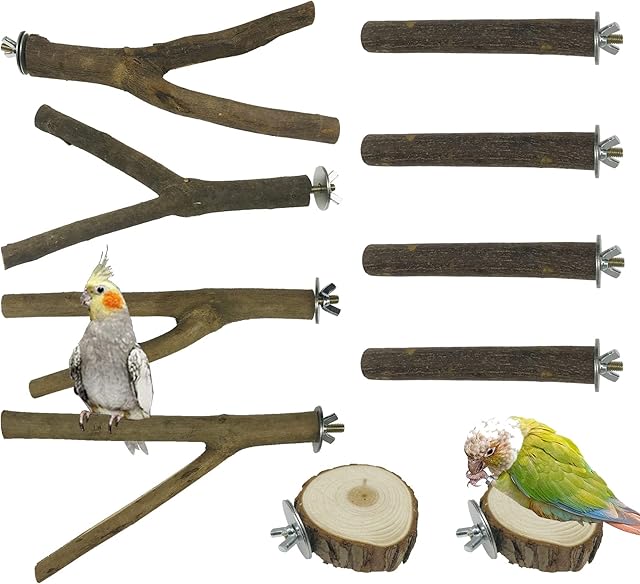 NA Allazone 10 PCS Natural Wood Bird Perch Stand, Bird Parrot Perch Stand Set, Wooden Parrot Perch Stand Perch Platform Cage Accessories for Parrotlets Cockatiels Budgies Parakeets